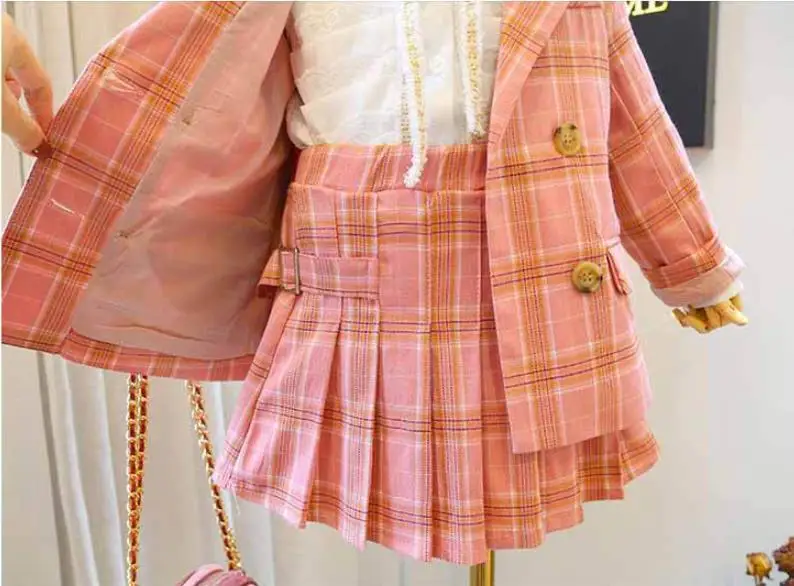 Free shipping spring autumn new brand plaid sets for baby girls blazers coats+ skirts 2cps suits children clothes kids ws1001