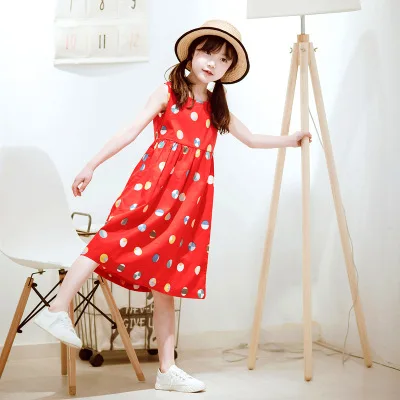 Summer Girls Dress Cotton Polka Dot Long Vest Frocks Big Girls Maxi Beach Sundress Korean Kids Clothes Children Boho Dress - Цвет: red