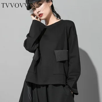 

simple Women Black Pocket Split Joint Big Size T-shirt New Round Neck Long Sleeve Fashion Tide Spring Autumn 2020 1R420