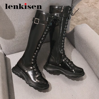 

Lenkisen genuine leather superstar catwalk high fashion modern round toe thick med heels zipper young lady knee-high boots L66