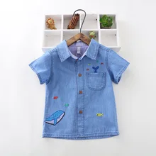 Детская хлопковая рубашка с короткими рукавами на рост 100-150 см; Детские хлопковые джинсовые рубашки; H1130