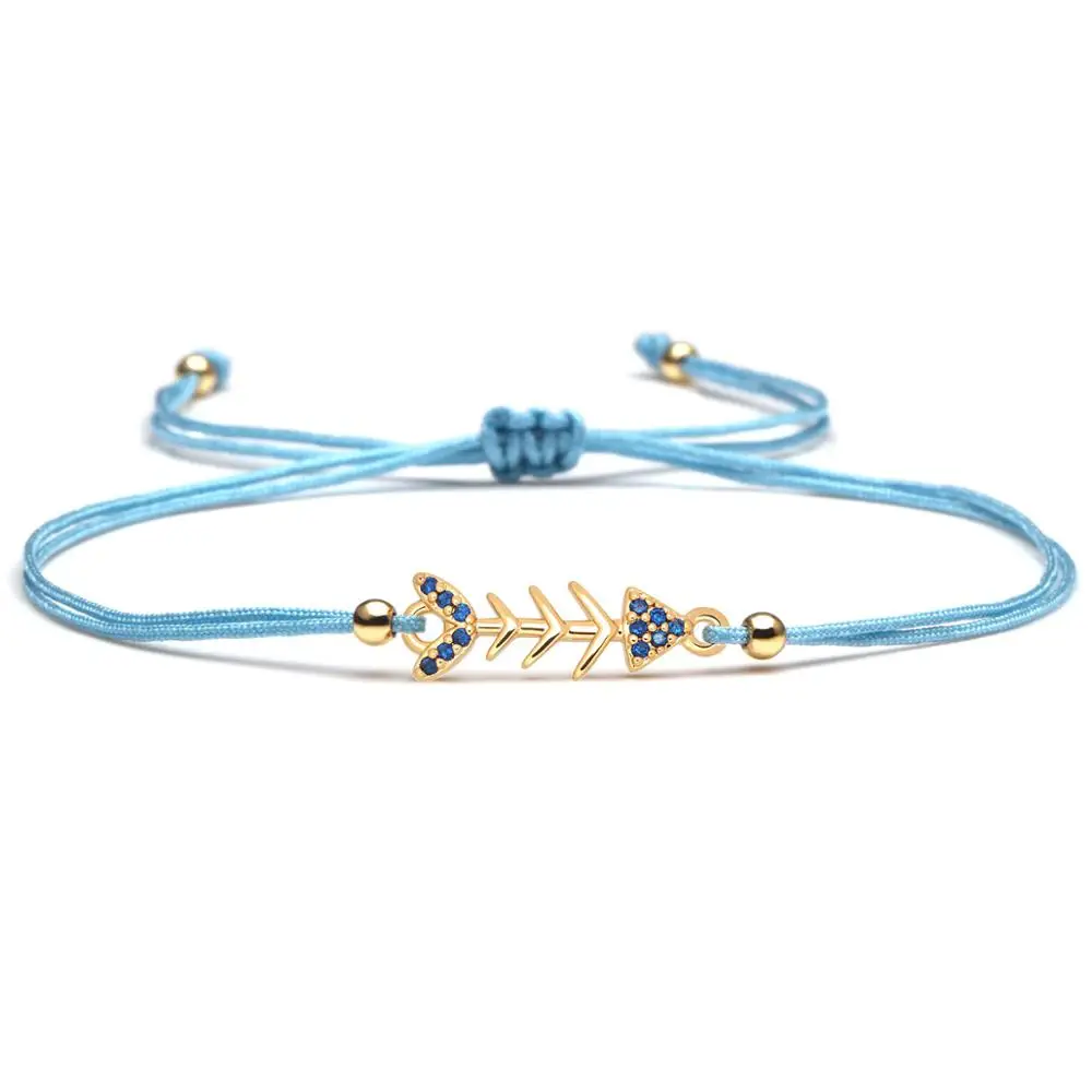Blue Cubic Zirconia Stone Fish Bone Charm Bracelet Women Girl 2020 New Fashion Red String Copper CZ Slide Knot Luck Jewelry Gift | Украшения