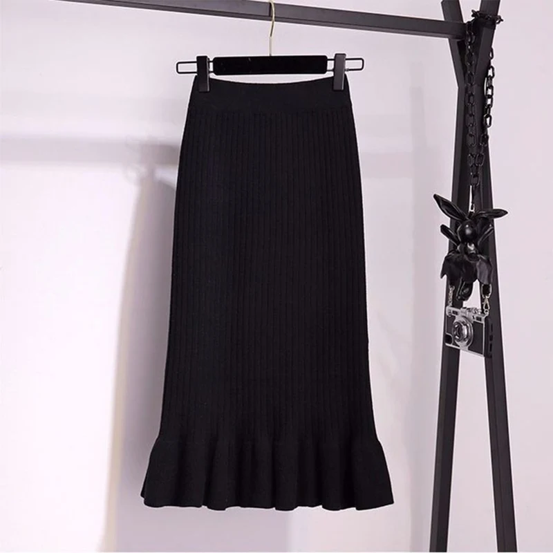 black 65cm Женская юбка, трикотажная, высокая талия, плиссированная, для девушек, юбки, одноцветная, эластичная, Русалочка, Вязанная, в рубчик, Осень-зима, для женщин, низ, два типа - Цвет: black 65cm