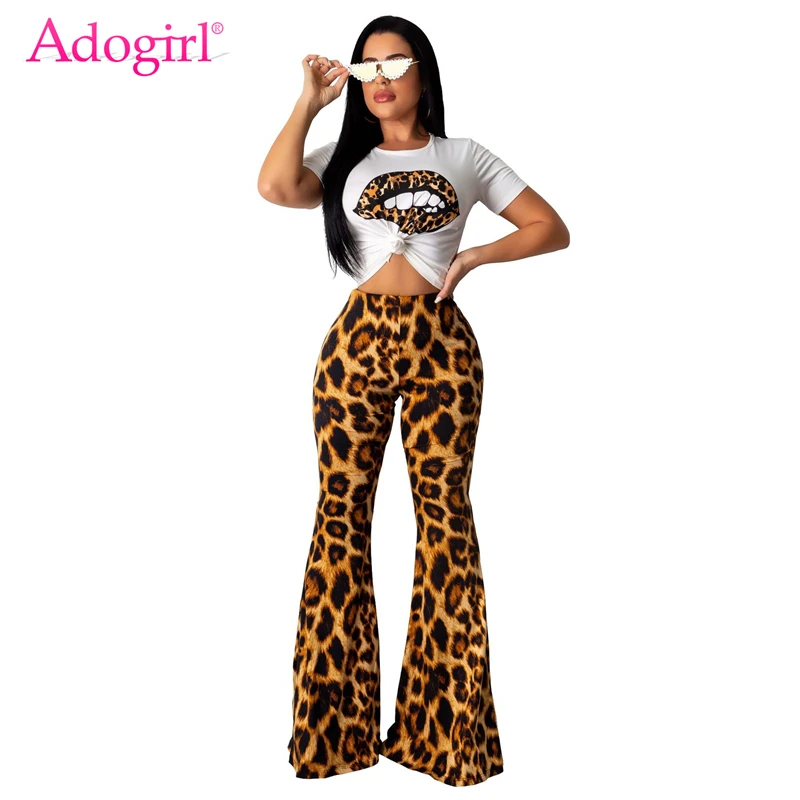 

Adogirl Women Fashion Casual Two Piece Set Lip Print Short Sleeve T Shirt Top High Waist Leopard Print Flare Pants Sexy Suits