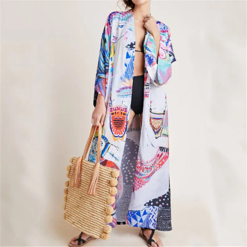 

2019 Plus Size Women Summer Beach Wrap Dress Tunic Loose Bohemian Printed Front Open Self Belted Maxi Dress Sarongs N862