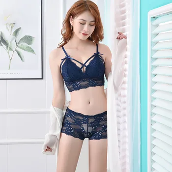 

Sexy Hollow Beauty Back Underwear Set Comfortable Women Bra Openwork Beauty Back Lace Gathered No Steel Ring Bra+Panties 2-piece