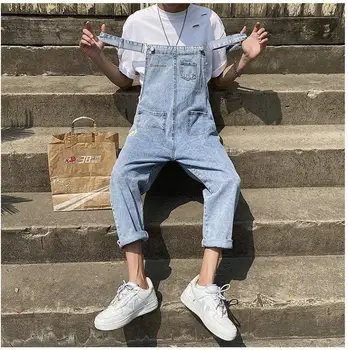 

New large size belt denim denim overalls men's casual pants trend trousers