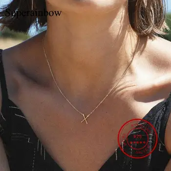 

SUPERAINBOW 925 Sterling Silver Geometric X-shape Cross Pendant Necklace for Women Girls Clavicular Chain Necklaces SR-N64