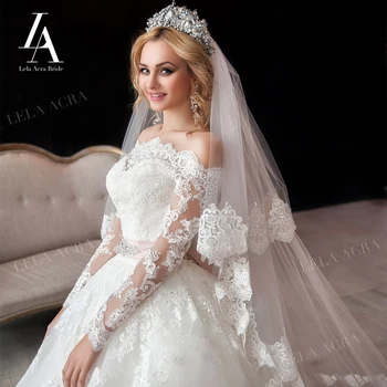 Abito da sposa in pizzo con perline Nuovo abito da ballo con applicazioni di cristallo Manica lunga da sposa Principessa Corte dei treni LelaAcra ER23 Vestido De Novia