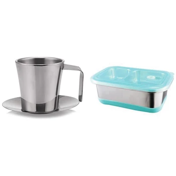 

1Pcs Fine Stainless Steel 2 Layer Lunch Box & 1Pcs 304 Stainless Steel Coffee Cup with Saucer Double Wall Tea Cups 150Ml