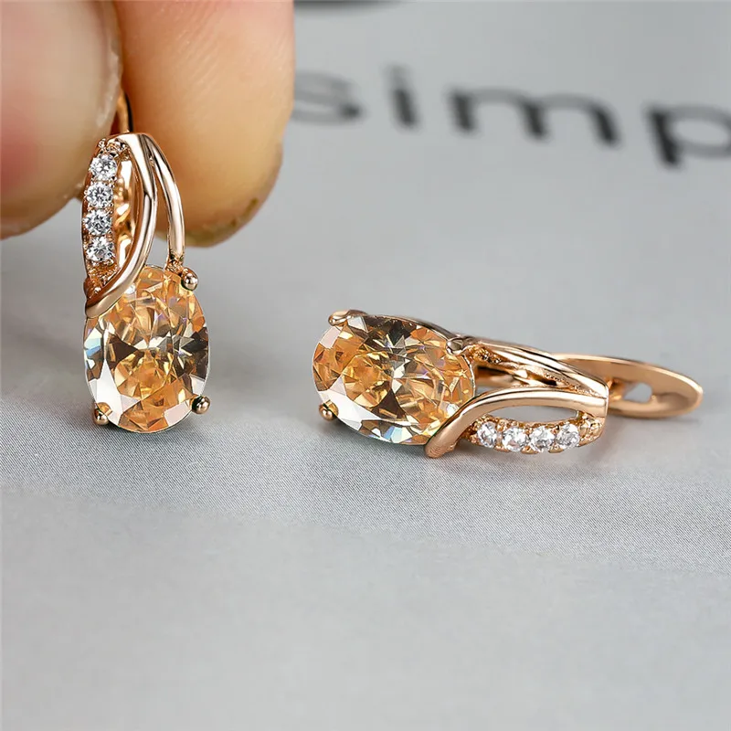 Aqua Blue Zircon Oval Stone Earrings Multicolor Crystal Hoop Earrings Rose Gold Color Engagement Earrings For Women Boho Jewelry