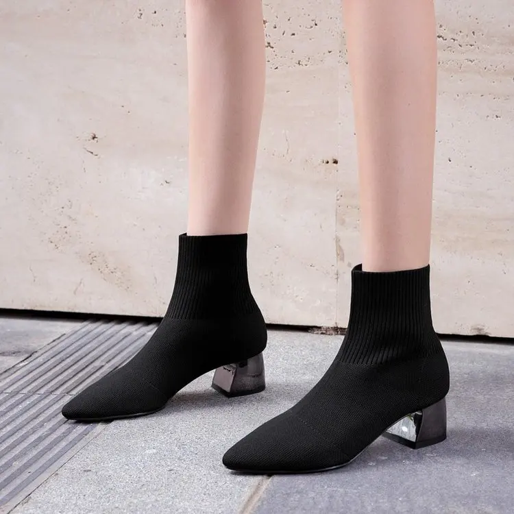 Пикантные Черные ботильоны; женские вязаные эластичные ботинки с острым носком; низкая Полустелька; Женская Осенняя обувь; короткие женские ботинки;