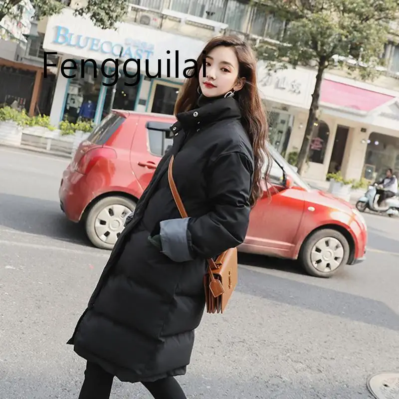 

Winter Women's Long Cotton Down Jacket Coat 2019 New Solid Color Long Sleeve Fashion Jacket Loose Large Size Black Beige Green