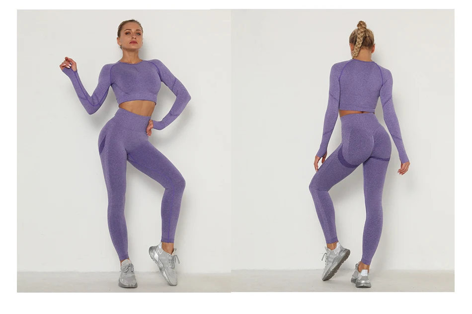 Women Seamless Yoga Set Fitness Sports Suits Gym Clothing Long Sleeve Crop Top Shirts High Waist Running Leggings Workout Pants