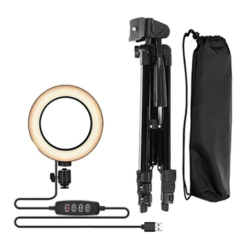 

HFES LED Ring Fill Light Bracket, Portable Telescopic Dimmable 16cm Ring Light Mobile Phone Live Tripod
