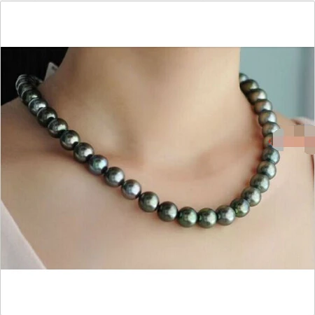 

free shipping AAA 17"9-10 mm REAL natural TAHITIAN black GREEN pearl necklace^^^@^Noble style Natural Fine jewe ()