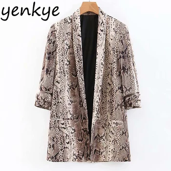 

Vintage Snake Print Blazer Women Roll-up Sleeve V Neck Office Blazers outerwear female casual casaco feminino Plus Size