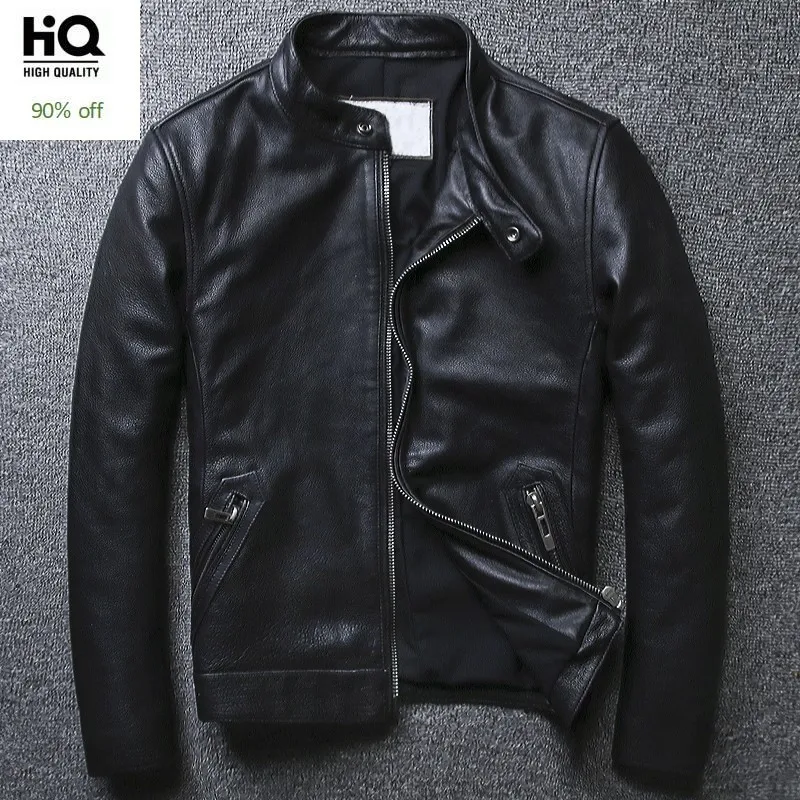 

Plus Size 5XL Casual Leather Jacket Men Stand Collar Black 100% Cowhide Jackets Male High Quality Mens Genuine Leather Jacket