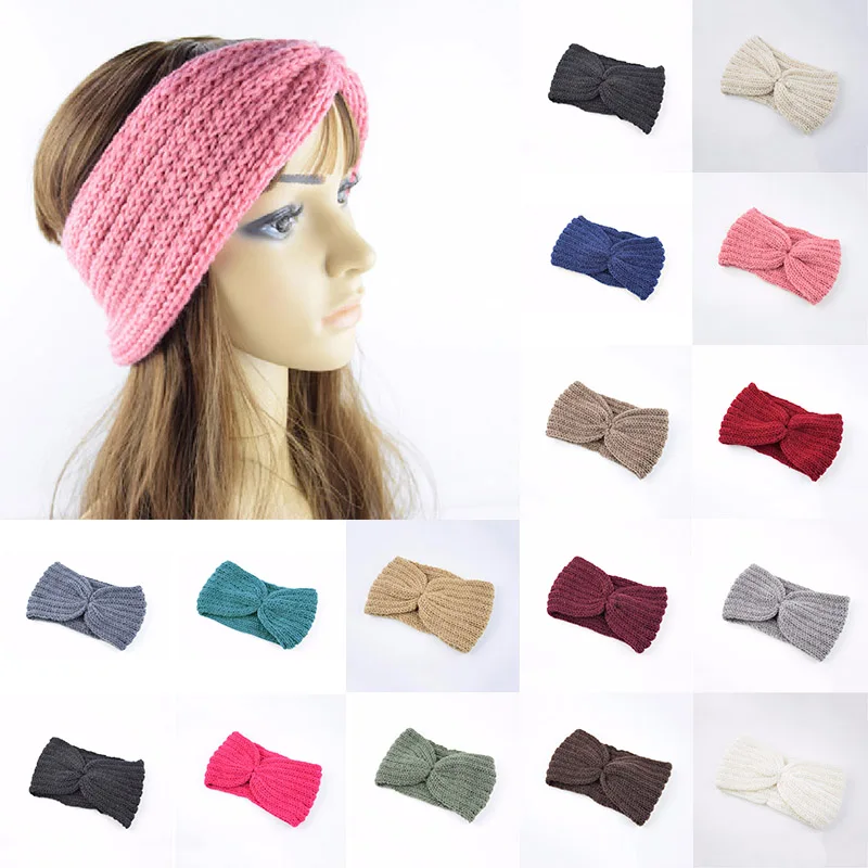 

Crystal Rhinestone Headband Winter Ear Warmer Handmade Knitted Turban Stretch Fabric Headband Crochet Cross Soild Knot Headwrap