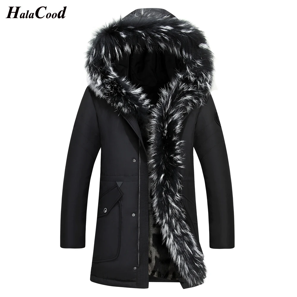 

Мужской пуховик с меховым капюшоном, зимний, Повседневный, длинный