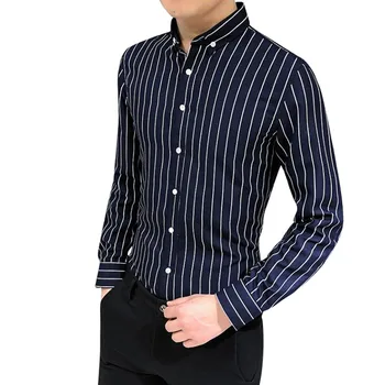 

Men Business Casual Long Sleeve Turn-Down Collar Men Button Shirt Tops Stripe Slim Fit Male Social Men's Shirts Camisa Masculina