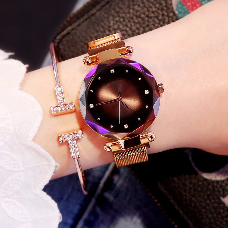 Роскошные женские часы из розового золота, модные женские часы с бриллиантами, Звездные магнитные Подарочные часы, браслет, женские часы