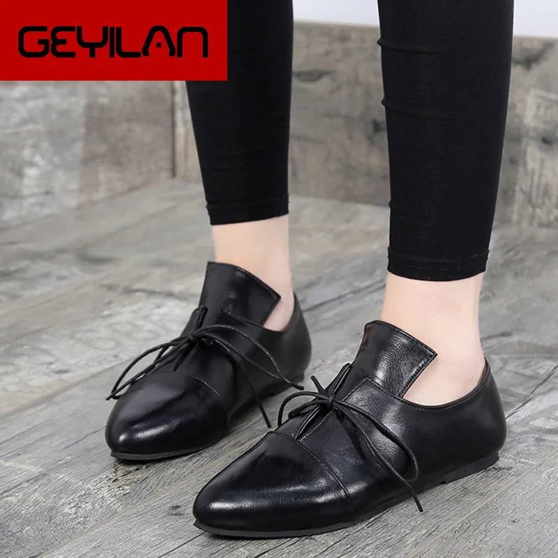 

Women Lace Up Autumn Oxfords Plus Size Ladies Pointed Toe Soft Quality PU Retro Sewing Fashion Shoes Female Comfort Footwear