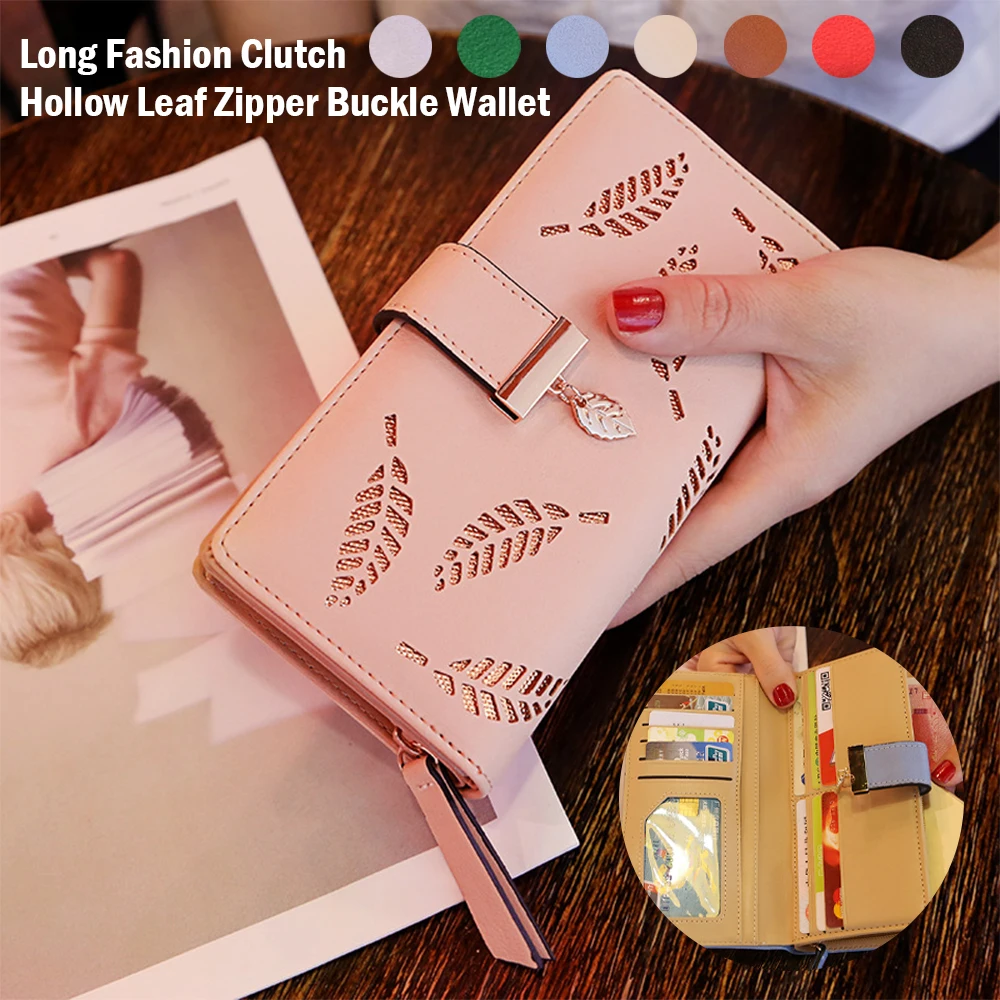 

Women Wallet PU Leather Purse Female Long Wallet Gold Hollow Leaves Pouch Handbag For Women Coin Purse Card Holders Clutch