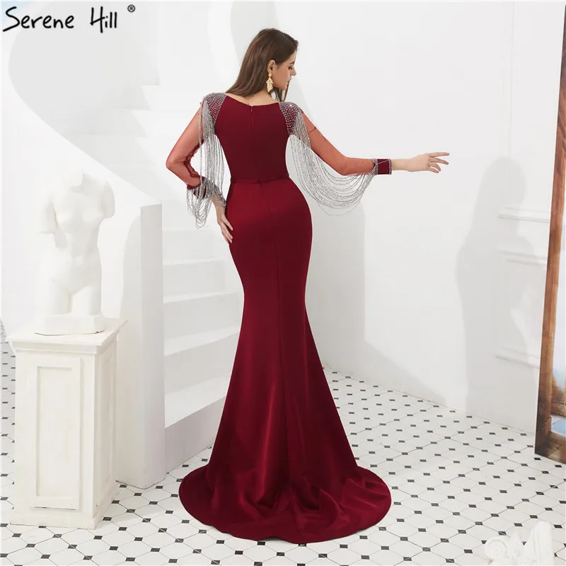 Винно-красные платья с длинным рукавом и кисточками для выпускного вечера,, бисероплетение, атласные длинные в стиле русалки, платья для выпускного вечера, Serene hilm LA6219