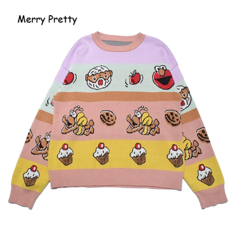 MERRY PRETTY Women's Cartoon Embroidery Funny Knitted Sweaters 2020 Winter Thick Warm Harajuku Jacquard Sweater Knit Pullovers | Женская