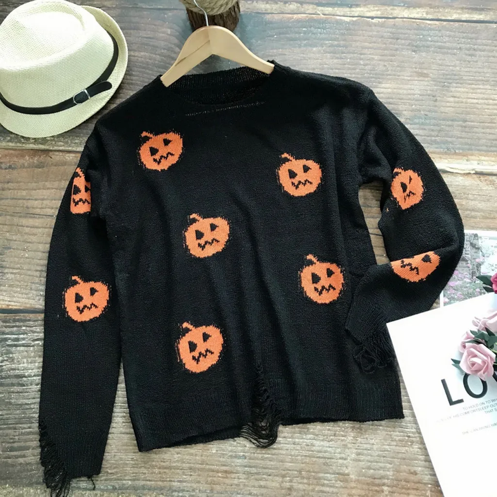 Для женщин модный свитер свободного кроя с рисунком тыквы для Хэллоуина с принтом вязаный свитер с воротником "хомут" 10,2
