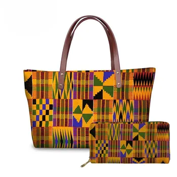 

THIKIN 2pcs/set Women Handbags&Wallet Ladies African Traditional Printing Top-Handle Bags For Females Shoulder Tote Bag Custom