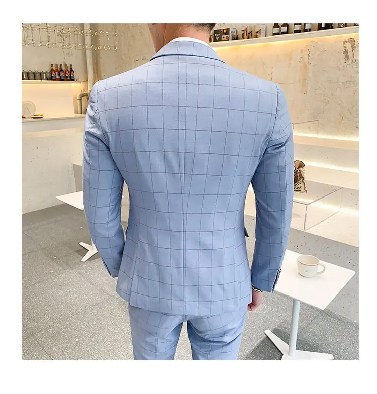 Mens 3 Piece Suits Autumn Fashion Men's Suit Blue Cool Handsome Plaid Suit Plus Size 5XL Casual Slim Fit Groom Suit Sets