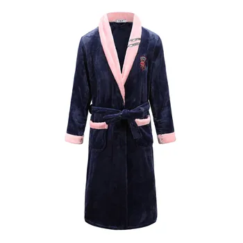 

Full Sleeve Sleepwear Nightgown Sweetcouple Coral Fleece Kimono Bathrobe Gown Navy Blue Home Dressing Gown Intimate Lingerie