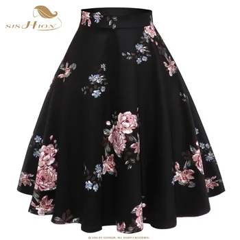 

SISHION Cotton 50s 60s Vintage Retro Floral Skirt VD1264 Flare A Line Swing Casual Summer Midi Black Skirt