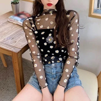 

Summer New Sun Protection Top Korean Thin Perspective Long Sleeve Women T-shirt Female Ins Fashion Daisy Mesh Bottoming Tshirt