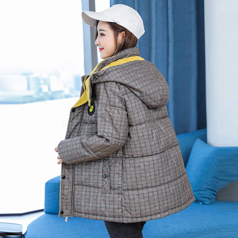 Зимние теплые хлопковые парки Новая мода корейский стиль с капюшоном плед толстые куртки женские повседневные пальто женская верхняя одежда Большие размеры P208