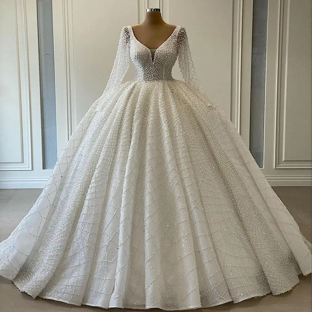 Robe De Mariee 2021 Ball Gown Wedding Dresses With V Neckline Beads ...