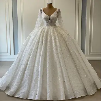 شراءرداء De Mariee 2021 فساتين زفاف بحفلات على شكل حرف V مع خرز لؤلؤ Srystal فساتين زفاف Mariage Bride