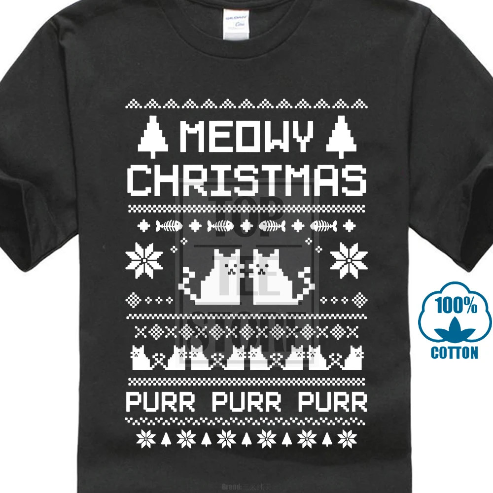 Meowy Christmas Ugly Sweater T Shirt Funny Tee Cat Lovers Xmas Holiday Gift 023353 | Мужская одежда