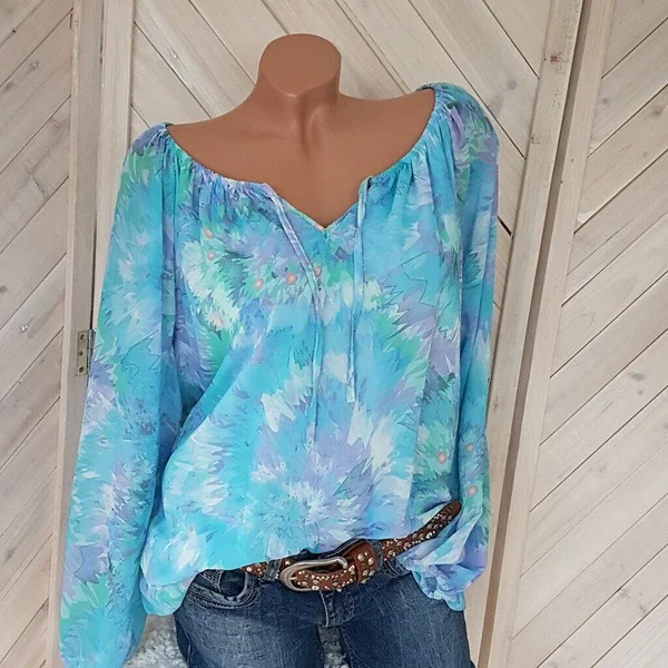 Женский топ размера плюс, Boho, 5XL, верх размера, женские блузки, повседневные, пляжные, с длинным рукавом, v-образный вырез, свободные рубашки, винтажный принт, летние блузы - Цвет: Синий