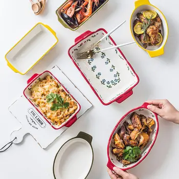 

Household Bakeware Ceramic Plate Creative Rectangular Plate Baking Cheese Baked Rice Bowl Microwave Oven Special Tableware