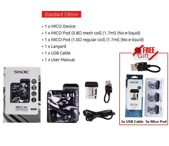 Распродажа! набор SMOK Mico, зажигалка, 700 мА/ч, батарея, электронная сигарета, анти-протекание, мини, электронная сигарета, ручка Pod, катушка VS NORD JC01 - Цвет: Black 2 Gifts