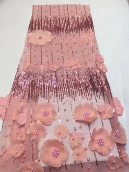 

African French Tulle Lace Fabric High Quality Organza Lace With Beaded And Sequins 3D Embroidery Lace Fabric 5 Yards ZX3198