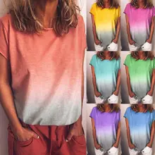 Женская футболка Boho Lady Rainbow Gradient с коротким рукавом, большие размеры, летняя пляжная одежда свободного кроя в повседневном стиле, хлопковый женский топ с градиентом