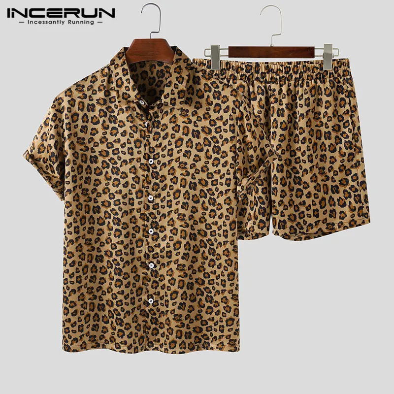 Men Suits Sets Shirt Short-Sleeve Streetwear Printed Hawaiian INCERUN Leopard Summer