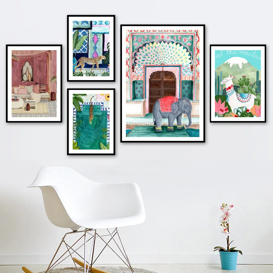 

Moroccan Door Leopard elephant alpaca Nordic Posters And Print Wall Art Canvas Painting Wall Pictures For Living Room Home Decor