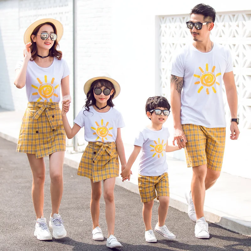 Sun Pattern Round Neck Family Fitted Summer 2019 New Cotton Short Sleeve T-shirt Mother-Daughter a Family of Four Full
