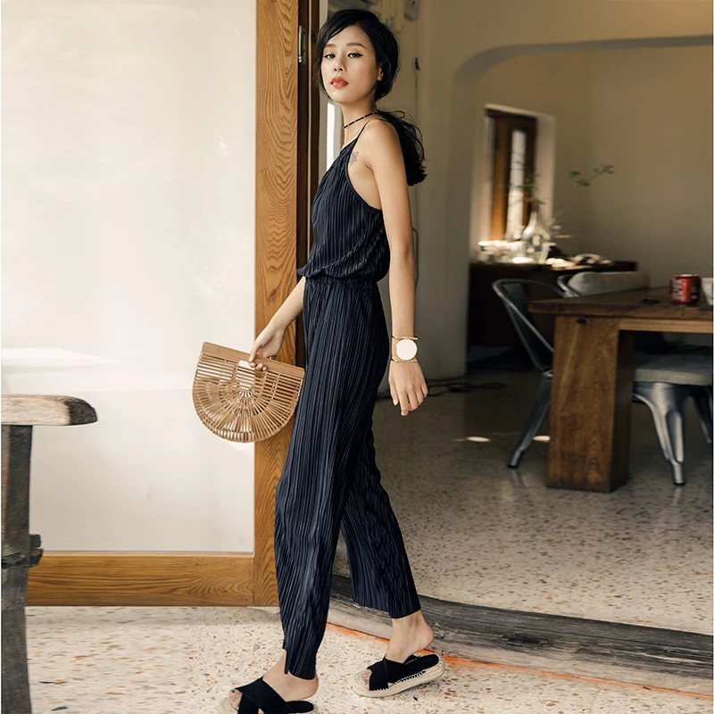 Originally created summer vacation suspender pants one-piece long pants loose straight-barrel pants 9 points dark Europea MIYAKE