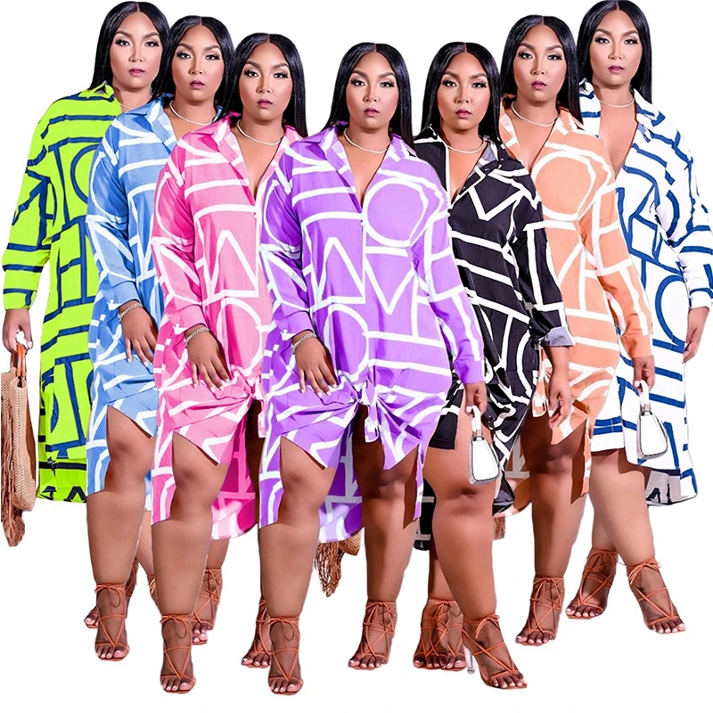 

Women Printed Shirt Mini Dress Autumn Long Sleeve Turn Down Collar Single Breasted Straight Splited Irregular Midi Dress Vestido